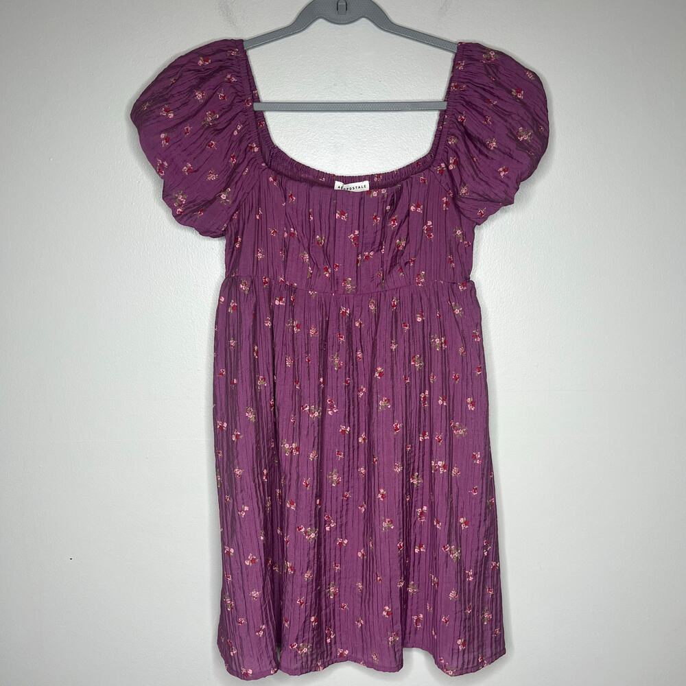 Aeropostale Purple Floral Milkmaid Mini Babydoll Dress Sz M Smocked Puff Sleeve